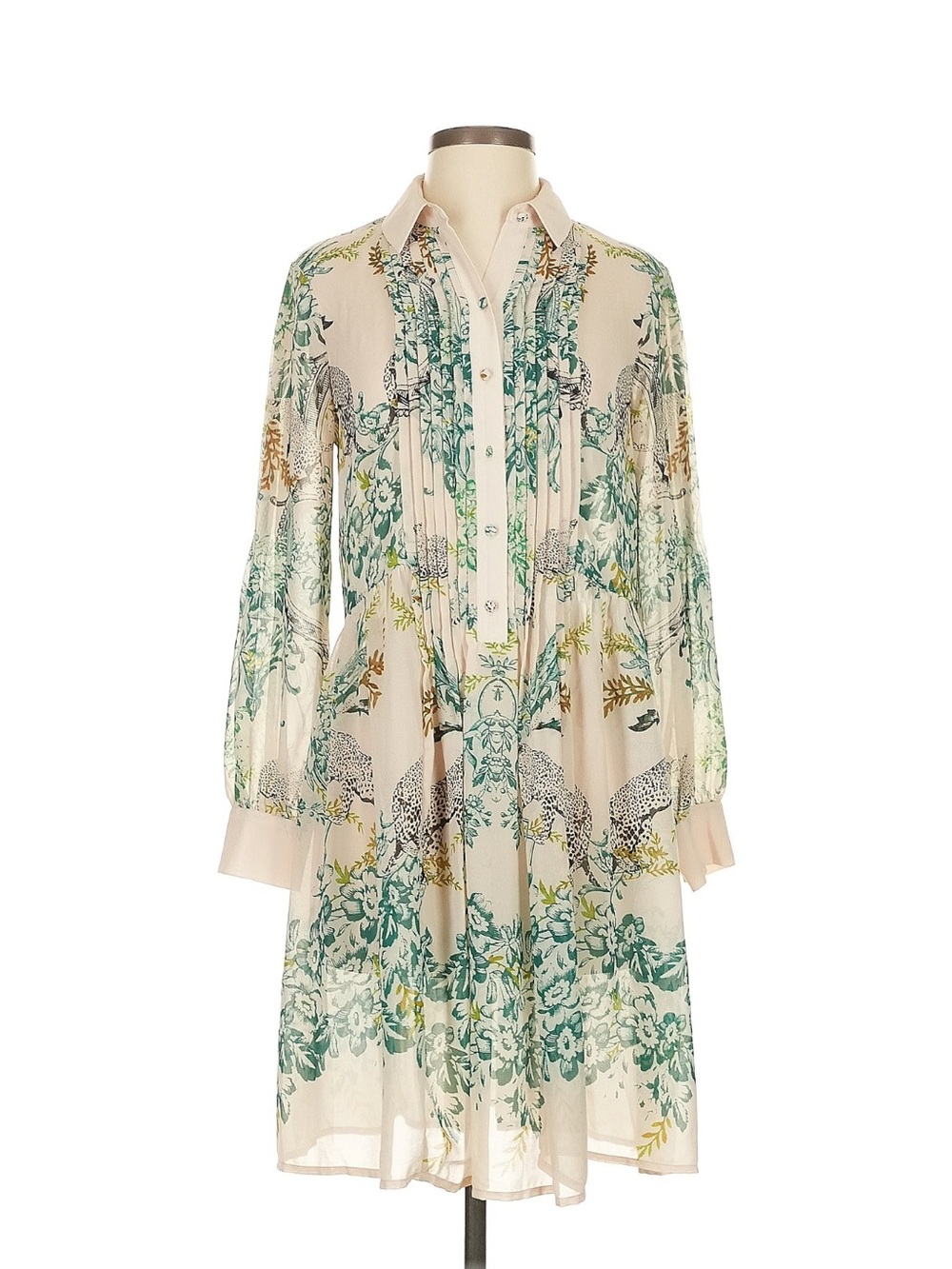 Maeve Cream Floral & Green Pintuck Long-Sleeve Dress